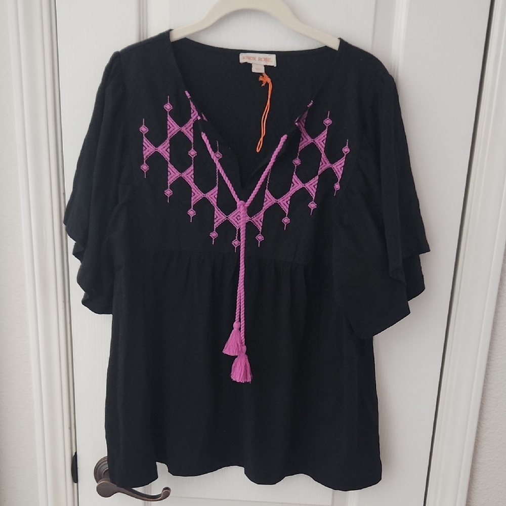 Knox Rose Black Tunic with Purple Embroidery, Size Large